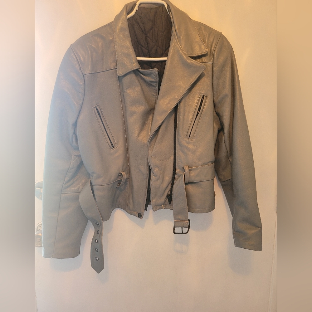 Gray Leather Moto Jacket with Belted Waist and Notched Lapel